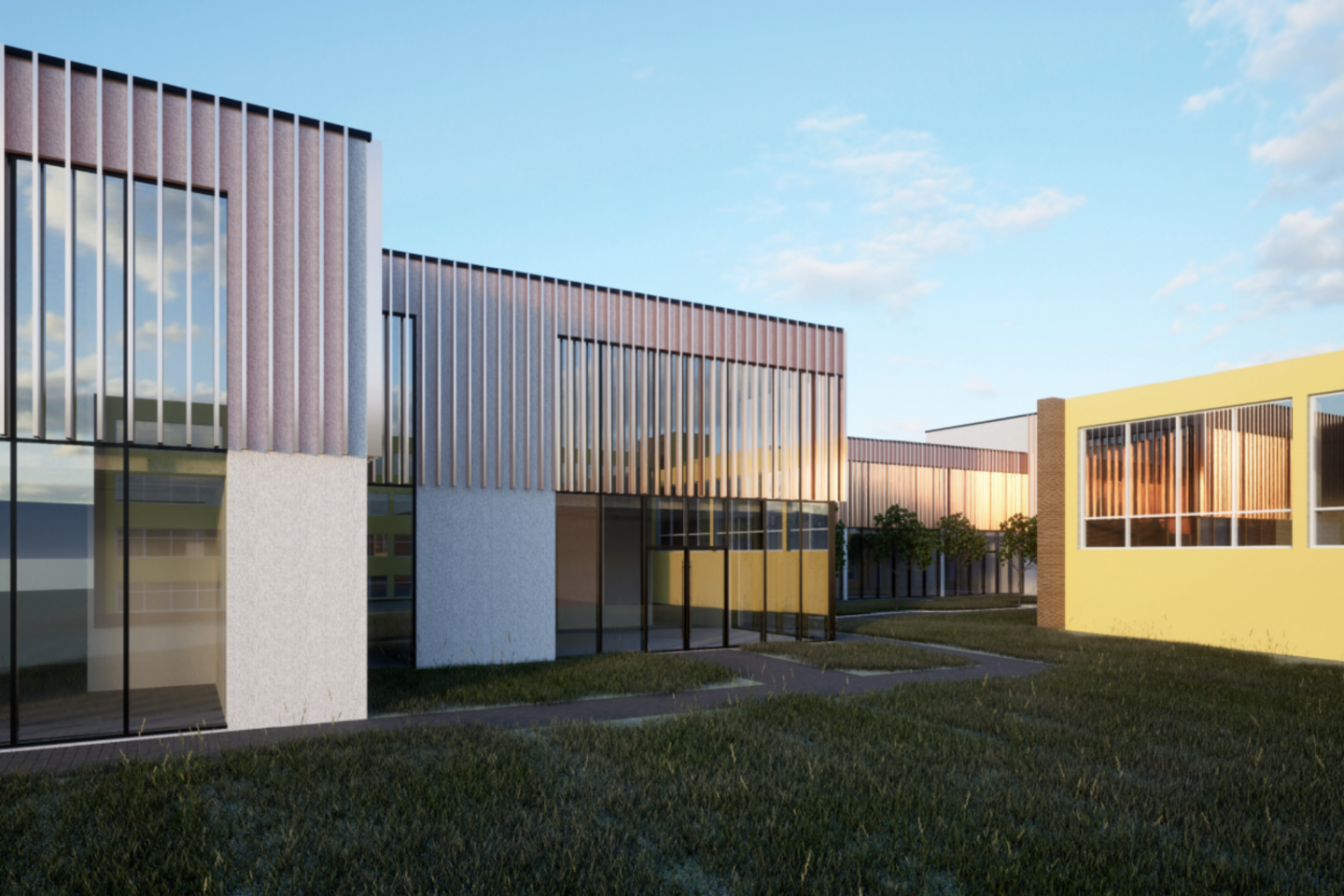 Šv. Rapolo Kalinausko gimnazijoje trūkstant vietos mažiausiems bus statomas naujas priestatas.<br>„Synergy Soliutions“ vizual.