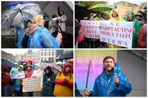 Savo lyderio sulaukę mokytojai streiko dvasios neprarado net per lietų: „Joks oras mūsų nuotaikos nepermuš“