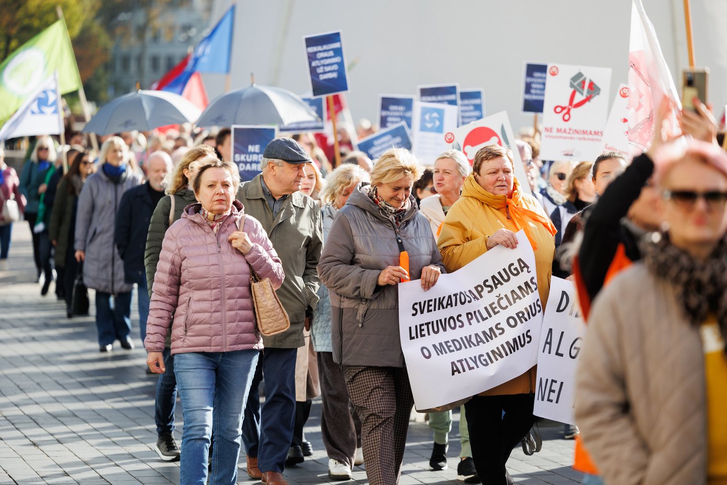 Penktadienį, išreiškiant solidarumą su protestuojančiomis Europos profsąjungomis ir prieštaraujant griežto taupymo politikai, vyksta trijų profsąjungų organizuojama eisena nuo Katedros aikštės iki Seimo, kur planuojamas mitingas.<br>T.Bauro nuotr.