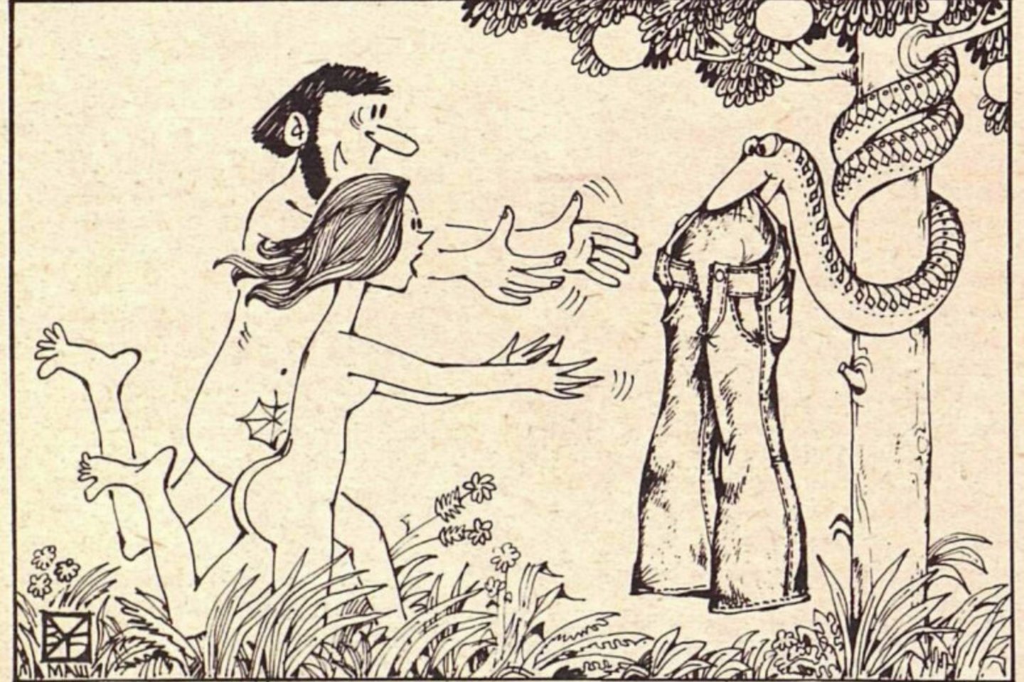  Žaltys rojuje vilioja Adomą ir Ievą džinsais. Vladimiro Uborevič-Borovskio karikatūra žurnale „Krokodil“, 1970 m.