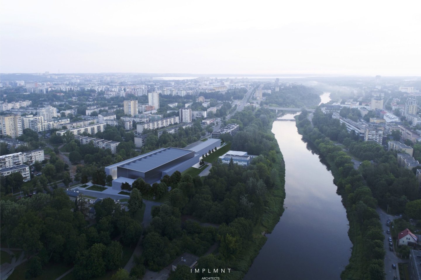 Šią savaitę Vilniaus miesto adminsitracija išdavė leidimą Žirmūnų lengvosios atletikos maniežo statyboms.<br>„IMPLMNT architects“ vizual.