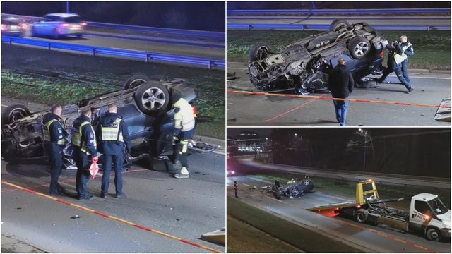 Vaizdai iš avarijos Vilniuje: BMW visiškai suknežintas, įtaria – vairavo neblaivi