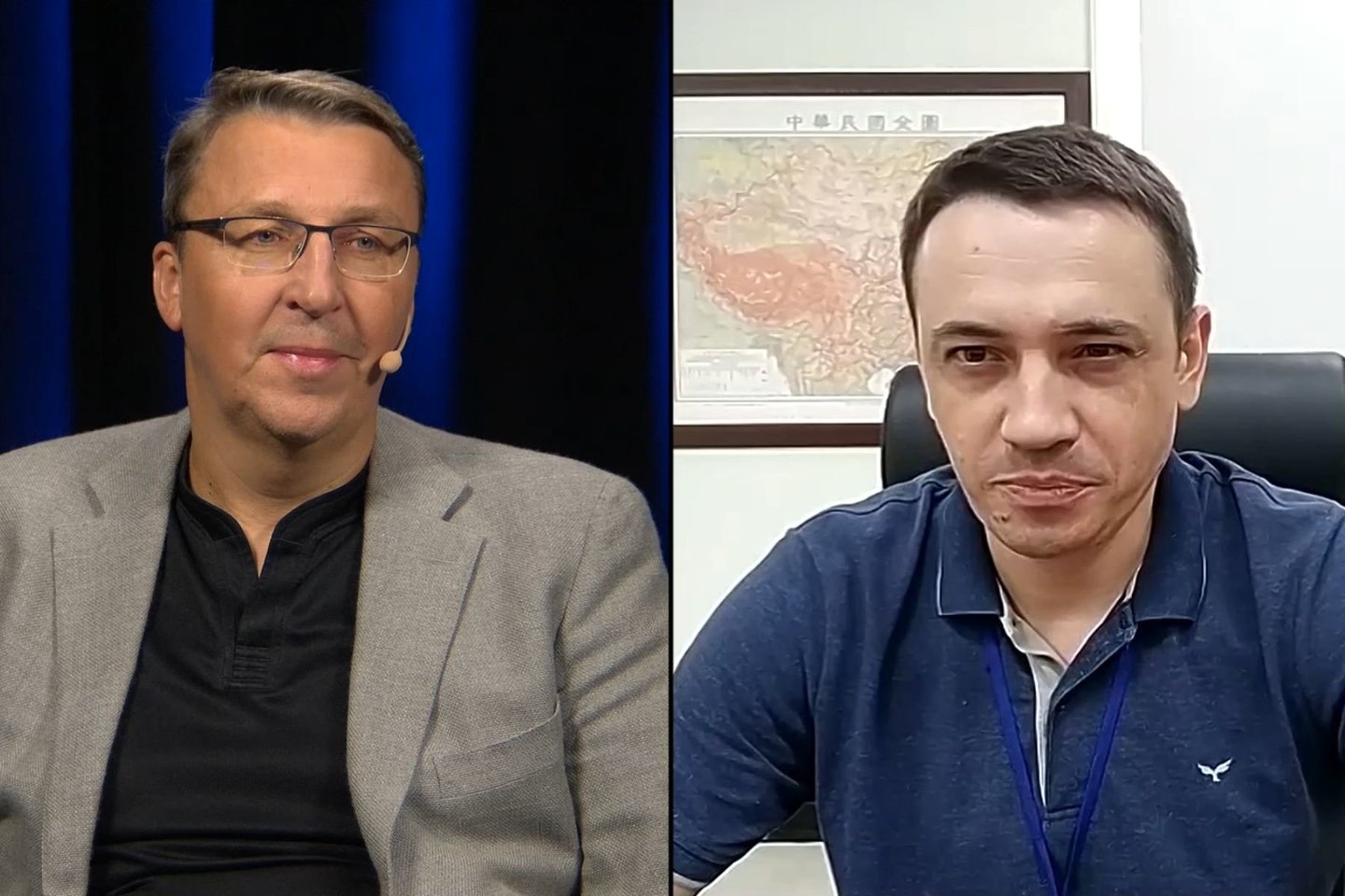 ELTA vyriausiasis redakotorius Vytautas Bruveris ir Taivano Nacionalinės gynybos ir saugumo instituto ekspertas bei analitikas iš Ukrainos Jurijus Poita.<br>Stop kadras.