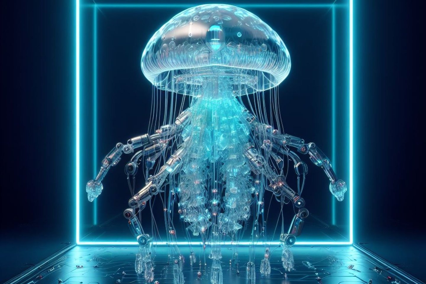  Kiborgė medūza su „plaukimo kepuraite“ ir elektrine varomąja sistema gali plaukti keturis kartus didesniu greičiu nei natūralus jos greitis (asociatyvinė iliustr.)<br> Bing / DALL-E-3 iliustr.