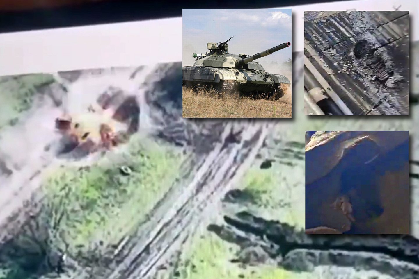 Ukrainiečių pagrindinis kovos tankas „Т-64BM Bulat“ atlaikė du rusų dronų kamikadzių smūgius.<br> lrytas.lt mont.