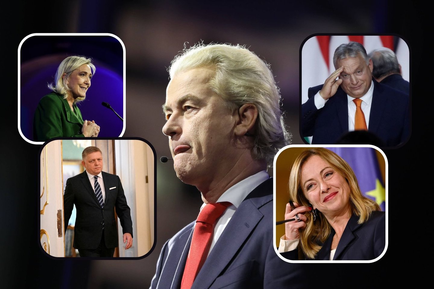 M. Le Pen, R. Fico, G.Wildersas, V. Orbanas, G. Meloni.<br>EPA-ELTA/AFP/Reuters/Scanpix nuotr., lrytas.lt koliažas.