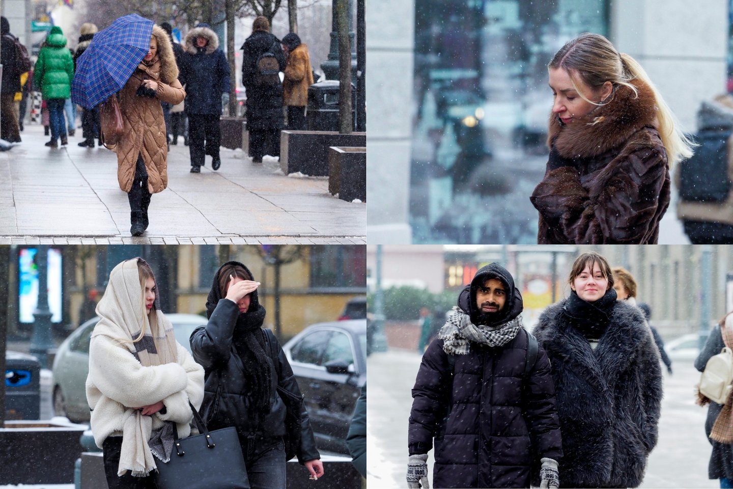Sniege paskendusiose sostinės gatvėse – pilna žmonių: demonstruoja žiemiškus derinius.<br>lrytas.lt koliažas.