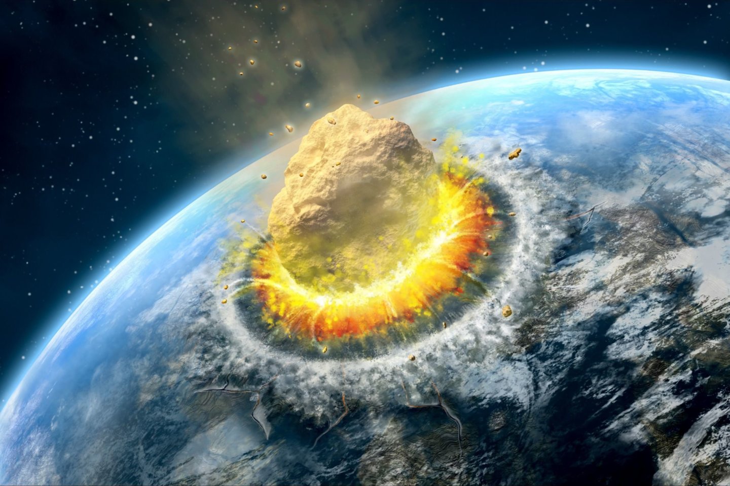 Asteroido smūgis į Žemę, jei asteroidas bent kelių šimtų metrų skersmens, būtų katastrofa visai žmonijai.<br>123rf iliustr.