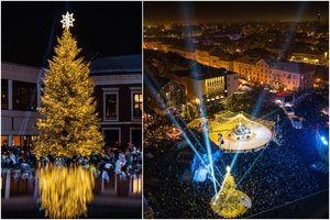 Klaipėdoje sužibo įspūdinga Kalėdų eglė ir gerumo žvaigždė: vainikavo varpelių jūra