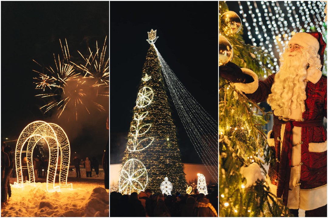 Utenoje įžiebta Kalėdų eglė.<br>Utenos rajono savivaldybės nuotr.