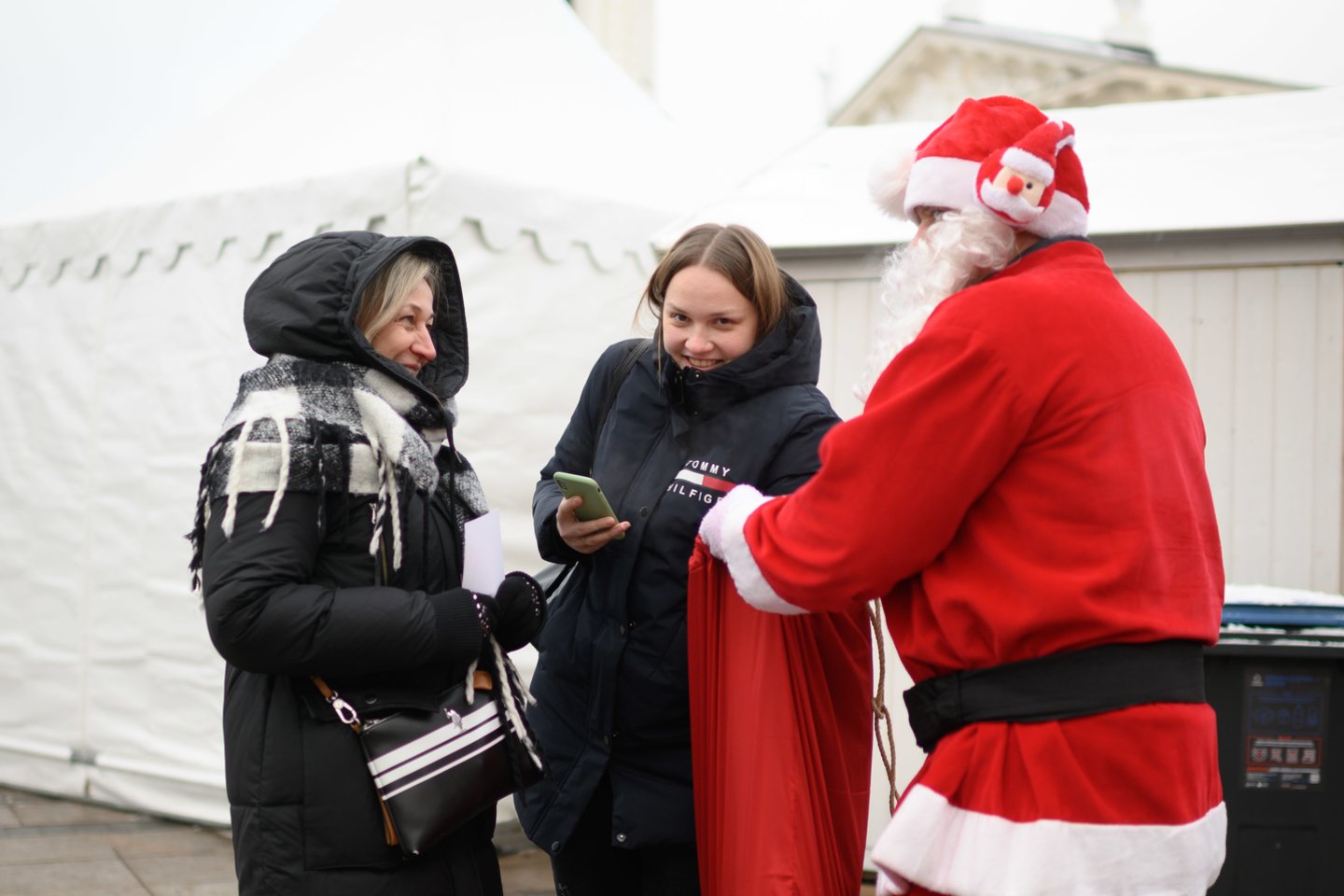  Beglobių gyvūnų organizacijų savanoriai, tapę Kalėdų seneliais ir Snieguolėmis, kvietė į kalėdinę mugę.<br> V. Skaraičio nuotr.