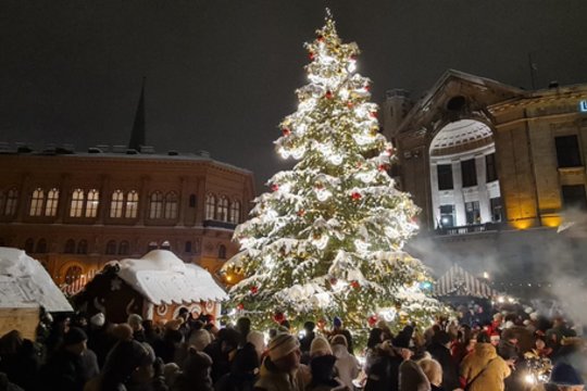  Latvijos sostinė Ryga nušvito Kalėdomis: pagrindines miesto eglutes puošė lietuvių dizainieriai.