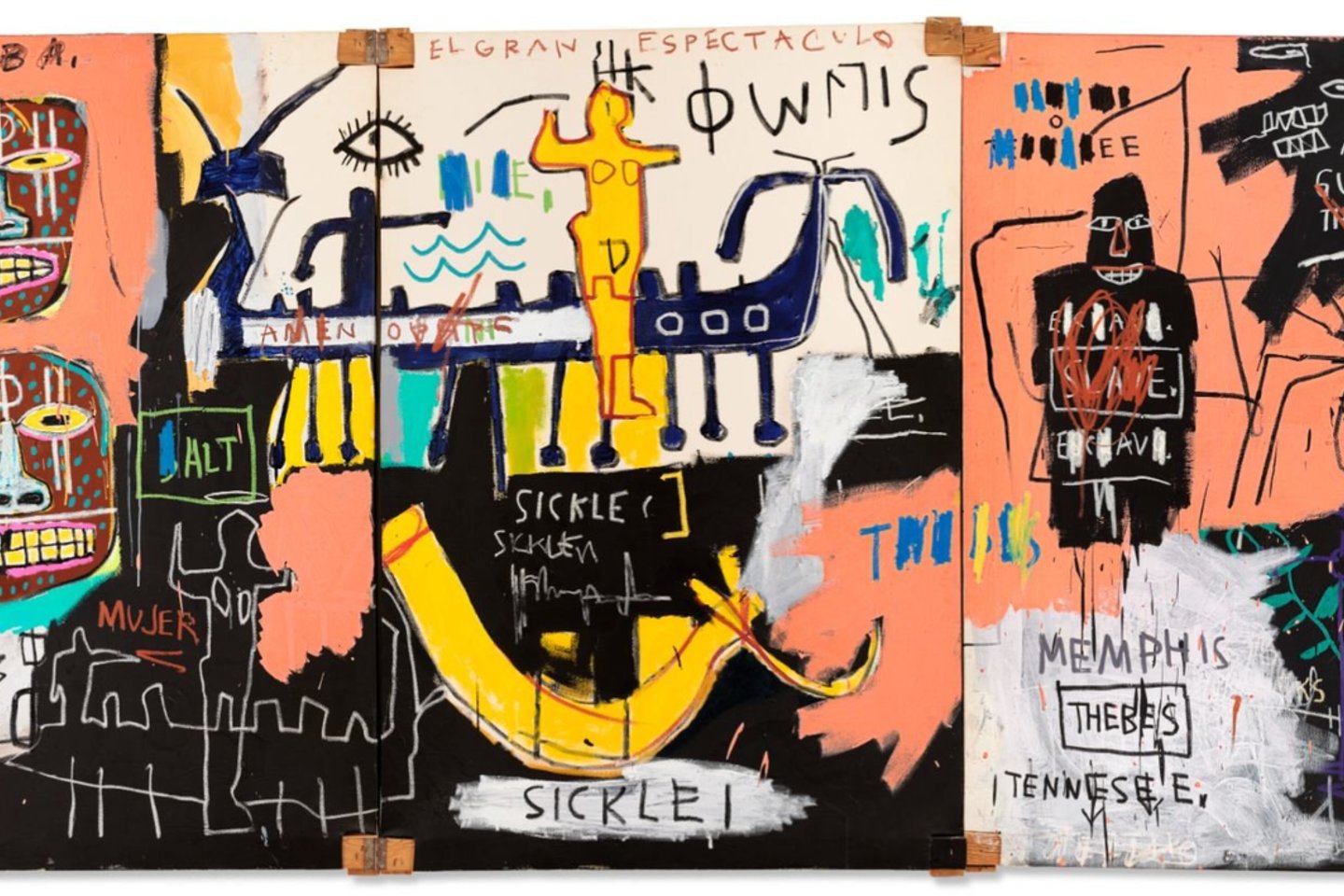 Amerikiečių dailininko J.M.Basquiat paveikslas „El Gran Espectaculo“ („Nilas“) – praėjusio sezono šiuolaikinio meno aukcionų rekordininkas: jis buvo parduotas už 67 mln. dolerių.<br>Nuotr. iš „Wikipedia“