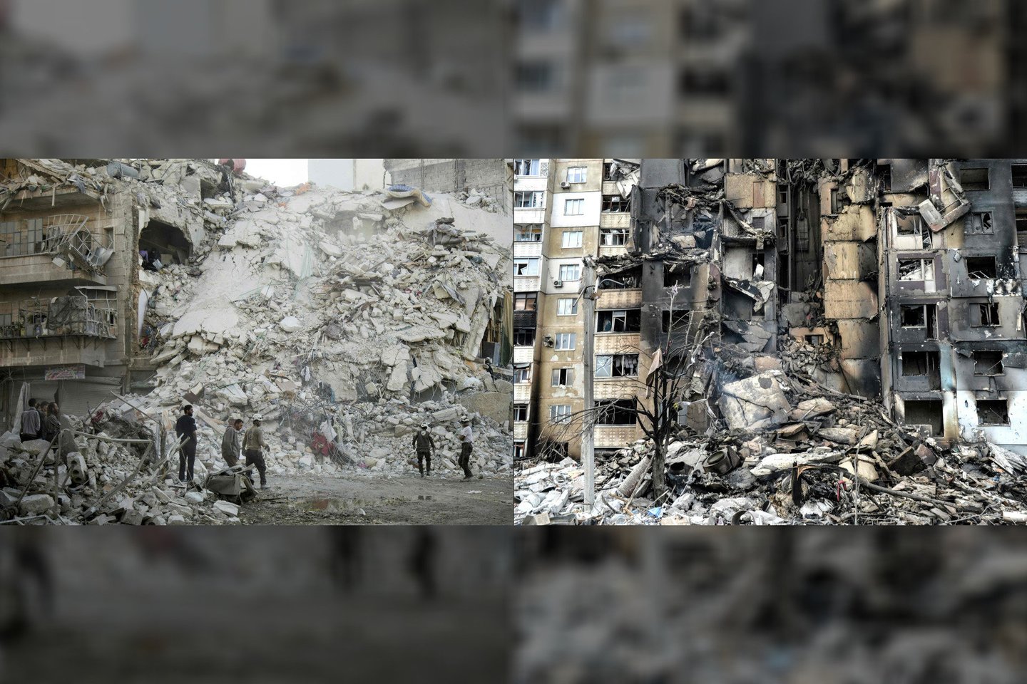 Rusijos atakų padariniai Sirijos Alepo mieste (2016 m.) ir Ukrainos Charkovo mieste (2022 m.).<br>AFP/Scanpix nuotr.