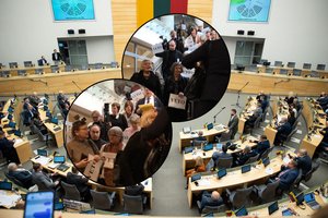 Po biudžeto priėmimo Seimo salę mokytojai paliko su skanduote „gėda“ ir plakatais „veto“