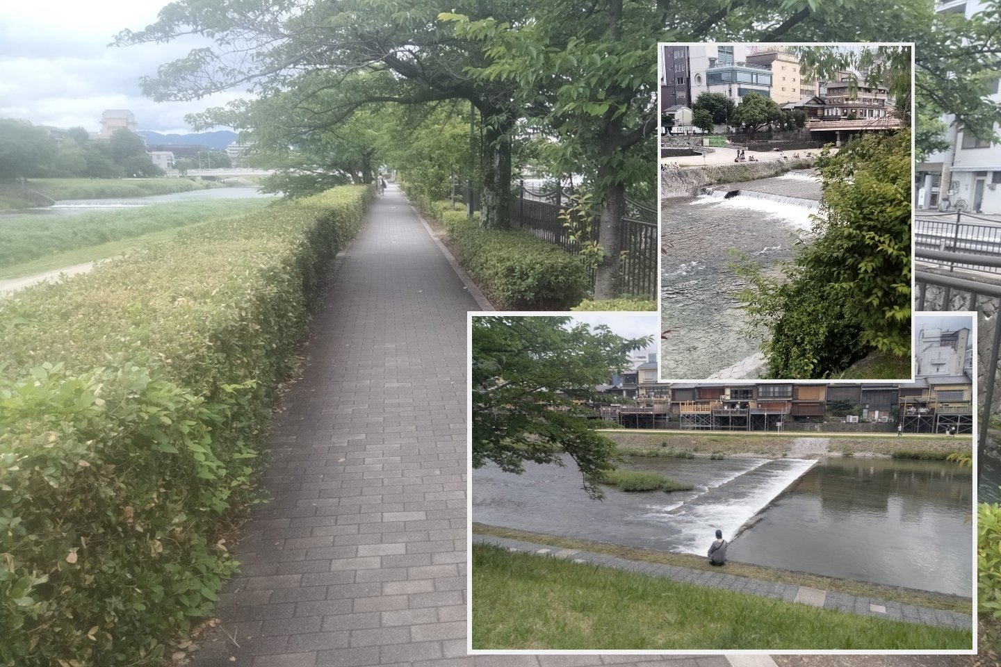 Kamo upė, tekanti per senąją Japonijos sostinę, Kijotą, ir ją gaubiantis pilkų atspalvių gamtovaizdis.