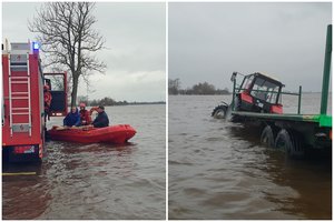 Traktoriumi važiavusius ir skęsti apsemtame kelyje pradėjusius brolius Šilutės r. gelbėjo ugniagesiai