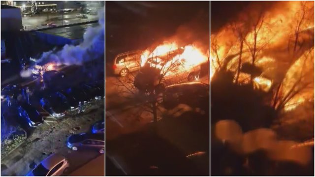 Vaizdai iš įvykio vietos: Vilniuje užsiliepsnojo ir nepataisomai sudegė du automobiliai