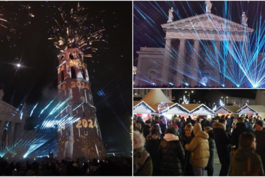 2024-ųjų metų sutikimas Vilniuje: būrys žmonių, lazerių šou ir nušvitusi Katedros varpinė