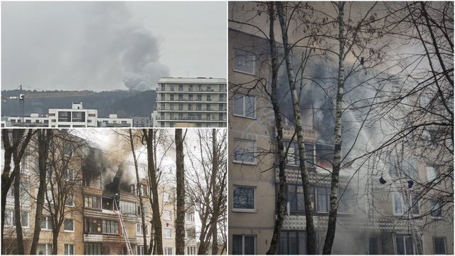 Nufilmavo gaisrą Vilniaus daugiabutyje: dideli dūmai, daugybė ugniagesių