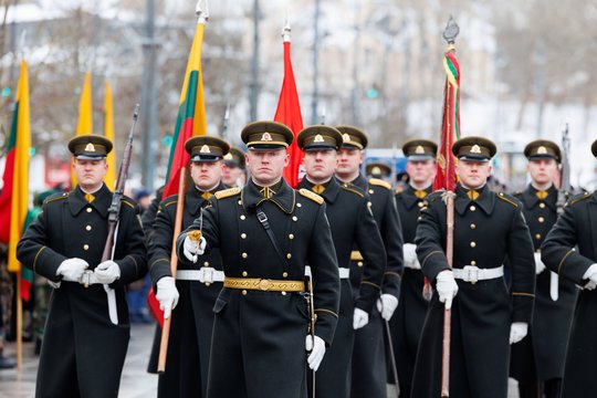 Nepriklausomybės aikštėje prie Seimo rūmų iškilmingoje ceremonijoje suplevėsavo Valstybės vėliava.<br> T. Bauro nuotr.