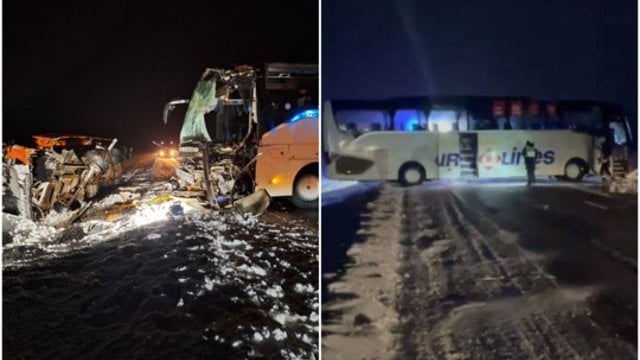 Vaizdai iš avarijos Pakruojo r.: po autobuso, sniego valymo automobilio ir visureigio susidūrimo sužeistų nepavyko išvengti