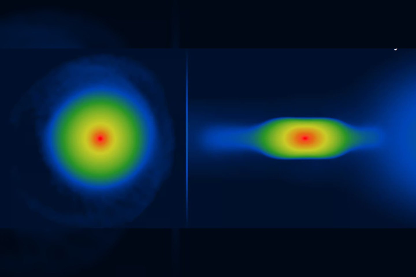  Sumodeliuoti „plokščios“ protoplanetos vaizdai iš viršaus (kairėje) ir iš šono (dešinėje).<br> UCLan iliustr.