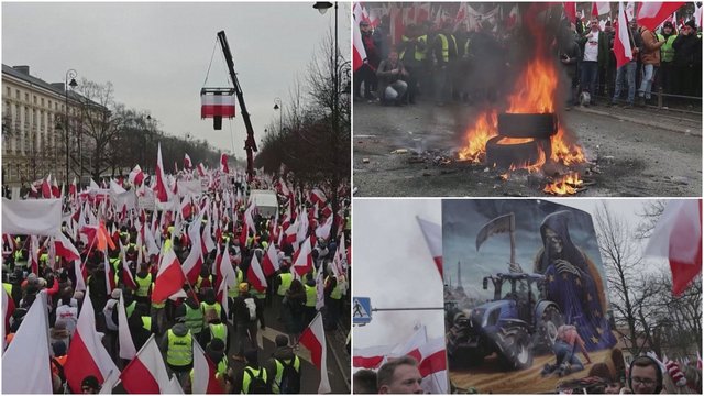 Lenkų ūkininkų protestas Varšuvoje: susirėmė su policijos pareigūnais, degino padangas ir ES vėliavas