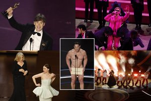 Los Andželą sudrebino „Oskarai“: nuogas J. Cena scenoje, suplyšusi E. Stone suknelė ir „Openheimerio“ triumfas