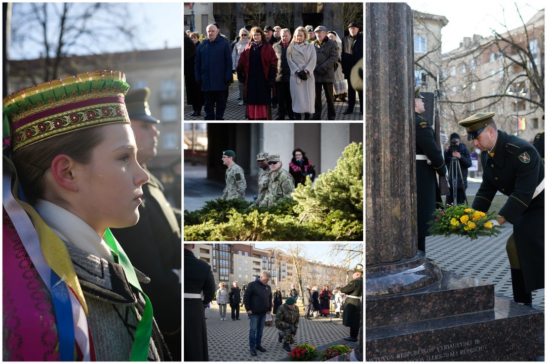  Ankstų rytą Vilniaus širdyje – iškilminga ceremonija Kovo 11-osios proga. Padėtos gėlės prie paminklo „Žinia“.<br> Lrytas.lt koliažas
