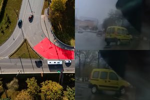 Užfiksuota, kaip Kauno pilies žiede nevaldomai apsisuka automobilis