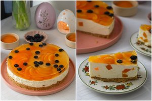 Nekeptas varškės tortas su žele ir konservuotais persikais: pavasariškas ir labai gardus