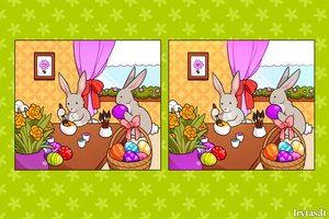 Kiškiai dažo margučius: suraskite 5 skirtumus tarp paveikslėlių