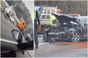 Greitkelyje Kaunas-Vilnius girto vairuotojo „Audi“ įskriejo į kelininkų automobilį