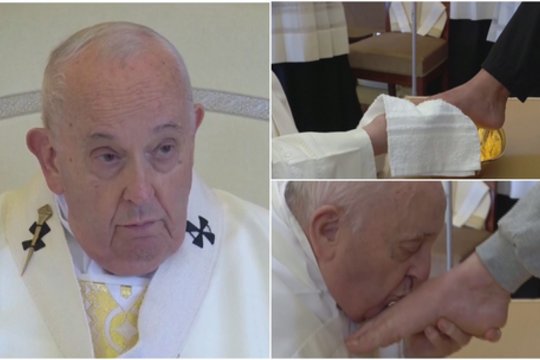 Su sveikatos problemomis susidūręs popiežius pasirodė viešumoje: plovė ir bučiavo kojas kalinėms Romoje