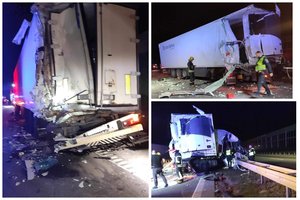 Tragiška avarija prie Marijampolės: susidūrus dviem vilkikams žuvo žmogus, kelias buvo uždarytas