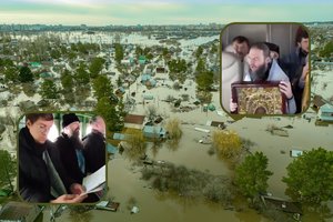 Rusijos stačiatikių kunigai meldėsi lėktuve virš užlietų teritorijų: tikina, kad ikonos nuo seno gelbėdavo Rusiją