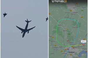 Kauniečius nustebino naikintuvų lydimas lėktuvas: kas skraido su tokia palyda?