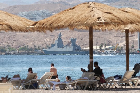 Izraelio karinių jūrų pajėgų karo laivai dislokuoti Raudonosios jūros Eilato uoste.