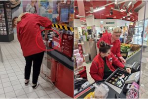 Šokiruojantis vaizdas „Rimi“ parduotuvėje: užfiksavo kasininkę, iš aukų vaikams dėžutės žirklėmis traukiančią pinigus