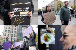 Prie Vyriausybės susirinko protestuotojai su plakatais: „1 cento pietūs mokyklose – tai metų afera, „Norime PVM kaip Europoje!“