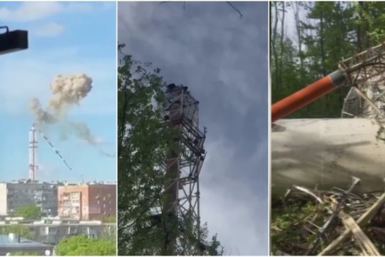 Vaizdai iš Charkivo: užfiksavo momentą, kaip po rusų smūgio krenta televizijos bokšto viršūnė