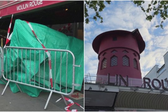 Nelaimė Paryžiuje: užfiksavo nukritusias „Mulen Ružo“ kabareto vėjo malūno mentes