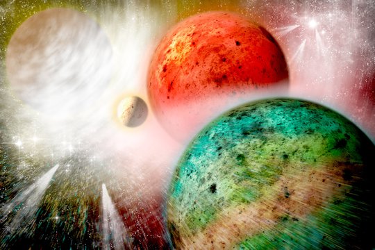  Mokslininkai mano, kad migruojančios planetos – pirmiausia Jupiteris – galėjo lemti Žemės mėnulio susidarymą – nes destabilizavo Marso dydžio protoplanetos, vadinamos Tėja, orbitą (asociatyvinė iliustr.).