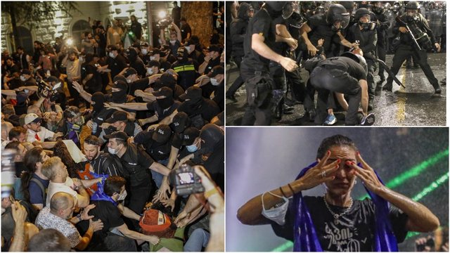 Į protestus Sakartvele įsiveržė policija – taikų protestą malšino ašarinėmis dujomis, sužeistųjų neišvengta