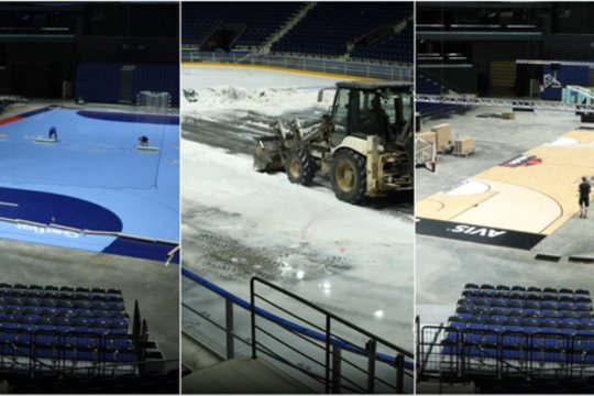  Išvyskite, kaip arena per savaitę iš ledo rūmų pavirto į krepšinio, o vėliau ir rankinio aikštę