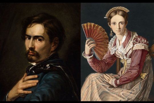 Dailininko M.Rusecko paveikslai „Autoportretas“ ir „Moteris su vėduokle“.