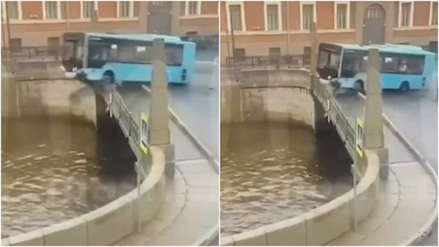 Užfiksavo akimirką, kaip Sankt Peterburge autobusas įkrito į upę