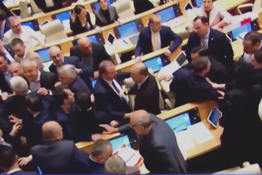 Sakartvelo parlamente – keiksmai ir šūksniai: aršios diskusijos svarstant „užsienio agentų“ įstatymą išprovokavo muštynes