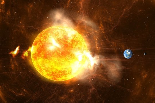 Saulės žybsniai į kosmosą pasiunčia didelio energingumo daleles ir ultravioletinių spindulių pliūpsnį.